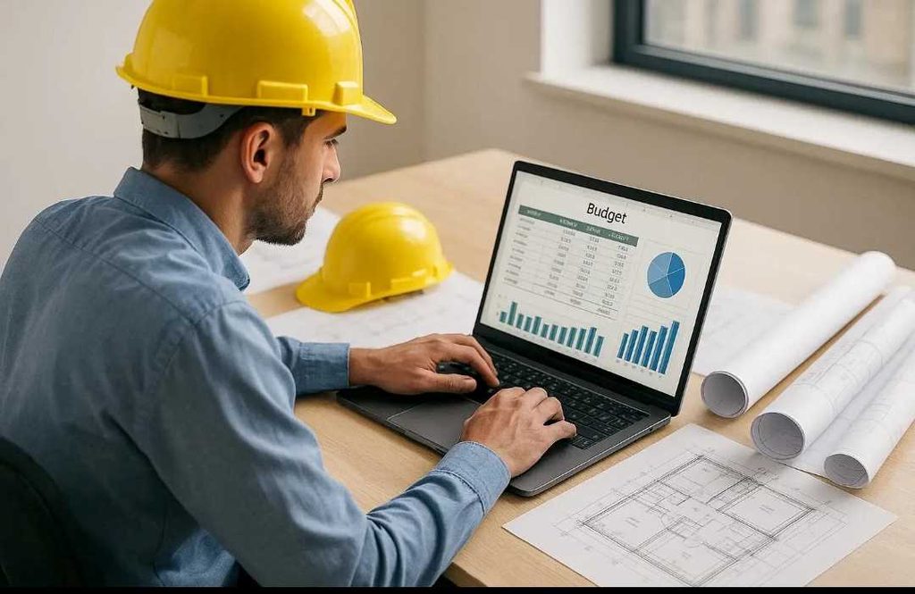 Photo of a staff member with his laptop preparing budget estimate for the project
